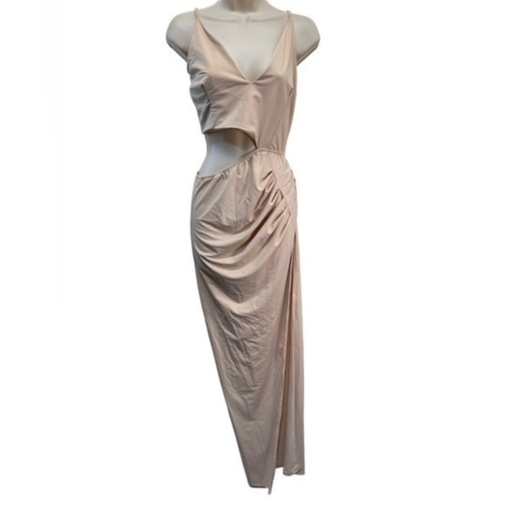 WANTMYLOOK Nude form fitting maxi side cut out sexy dress